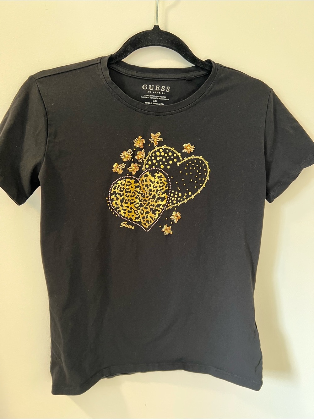 Guess Black Tee with Gold Leopard Heart Motif
